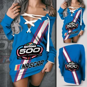 Daytona 500 Off Shoulder Deep V Neck Lace Up Long Sleeve Pullover Blue