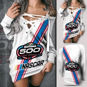 Daytona 500 Off Shoulder Deep V Neck Lace Up Long Sleeve Pullover White