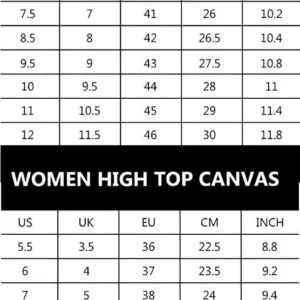 High Top Canvas Sizechart