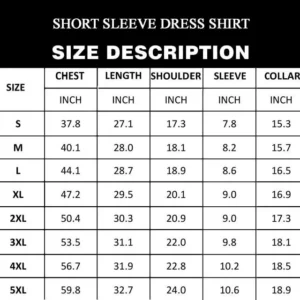 Short Sleeve Dress Shirt sizechart 2021