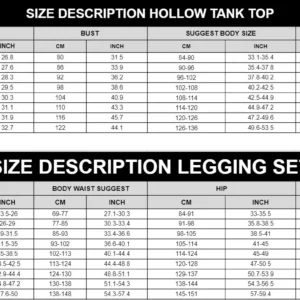 Size chart Hollow Tank Top Leggings