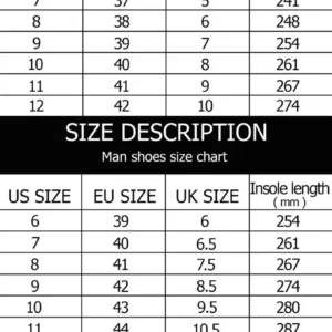 Skate shoes sizechart