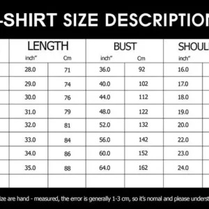T shirts Sizechart 1