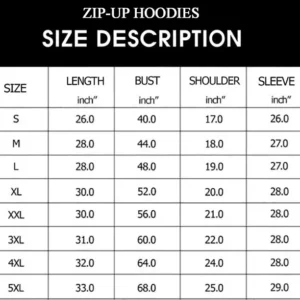 Zip Up Hoodie sizechart 2022