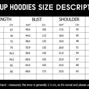 Zip up Hoodies Sizechart new