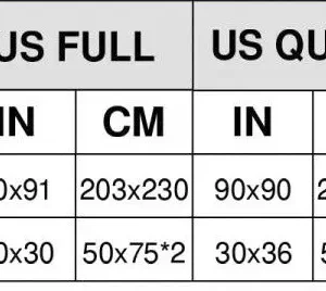 luxury bedding set sizechart