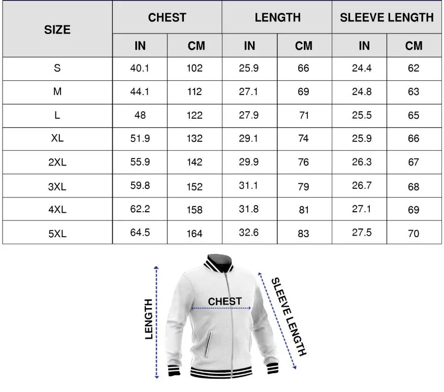 varsity jacket sizechart